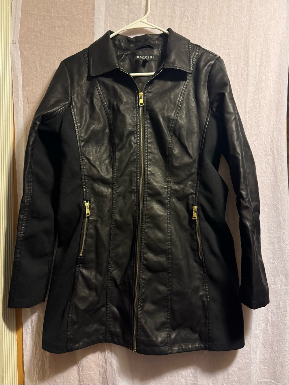 Baccini Black Faux Leather-Front Jacket with Fabric Side Panels size M